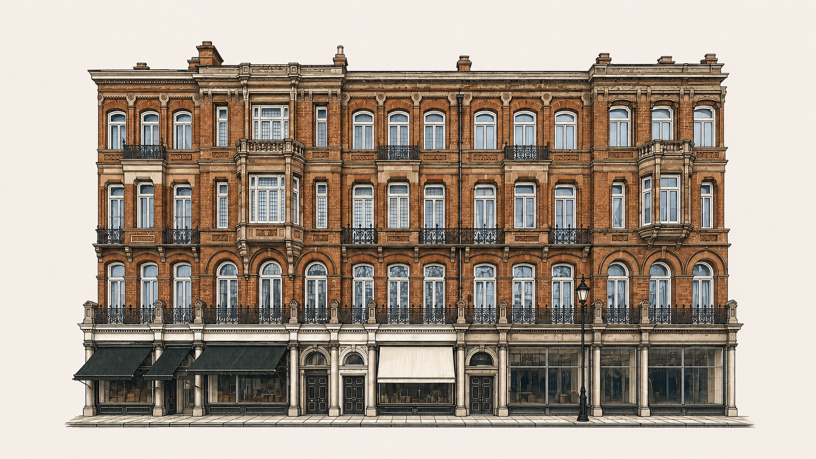 Illustration of a red-brick Victorian mansion block